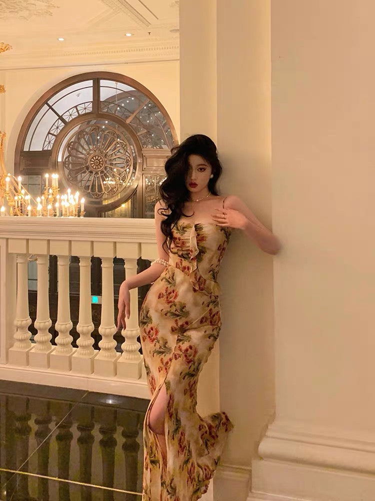 Sexy Mermaid Spaghetti Straps Floral Slit Long Prom Dresses Birthday Outfit - VelvetHem