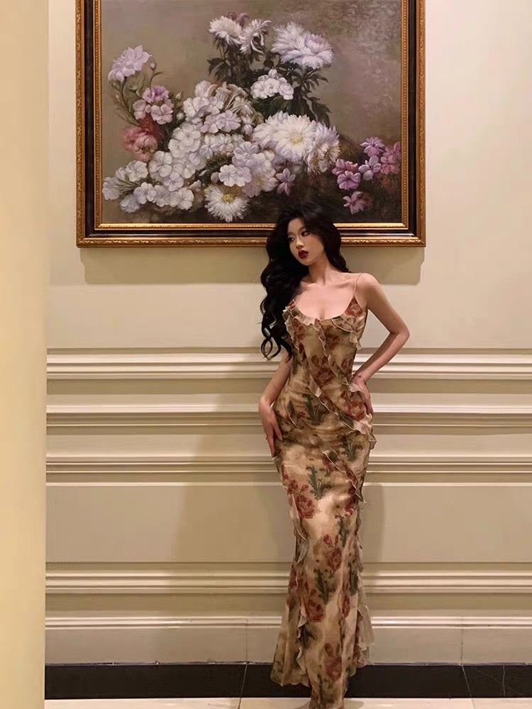 Stunning Mermaid Spaghetti Straps Floral Ruffles Long Prom Dresses Birthday Outfit - VelvetHem