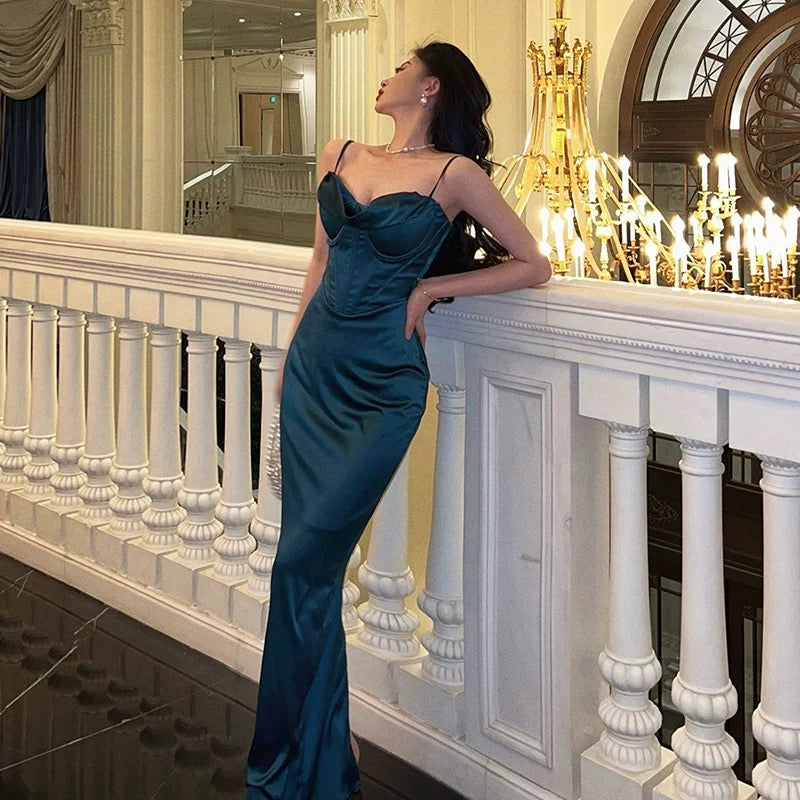 Stunning Sheath Spaghetti Straps Navy Blue Date Night Dress Ruffles Prom Dresses Birthday Outfit - View 2 | VelvetHem