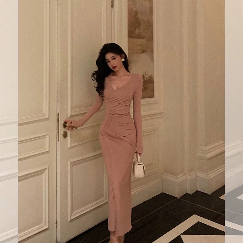 Pretty Sheath V Neckline Long Sleeves Pink Prom Dresses Birthday Outfits Evening Gown - View 4 | VelvetHem