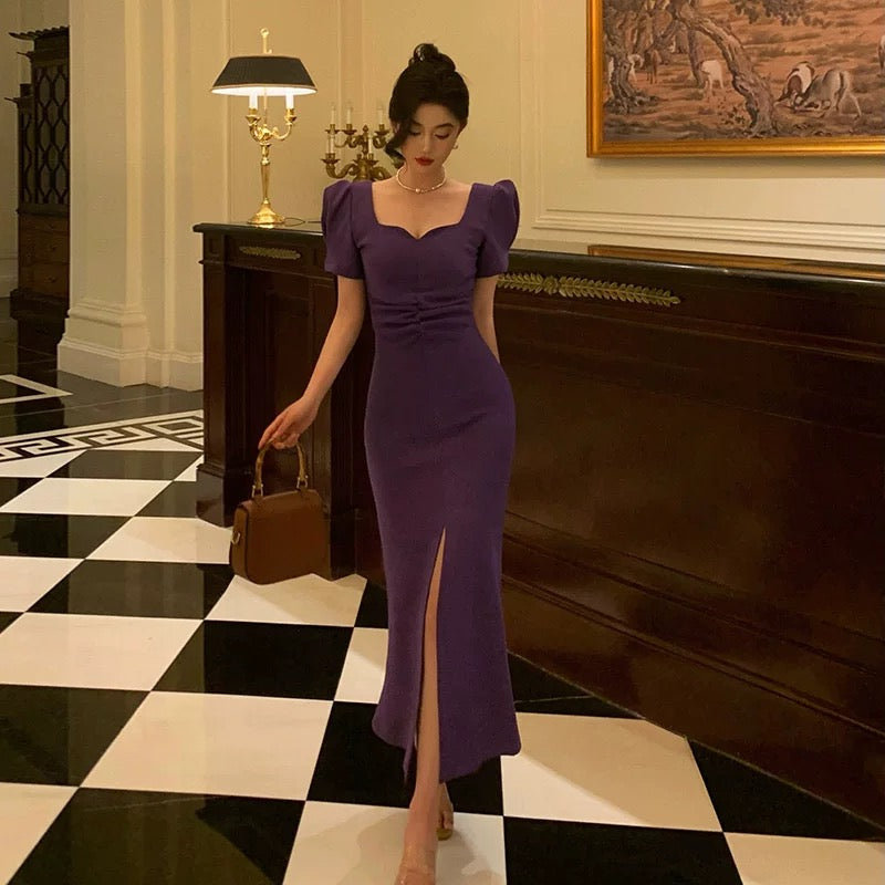 Stunning Sheath Square Neckline Short Sleeves Date Night Dress Grape Prom Dresses Birthday Outfit - View 4 | VelvetHem