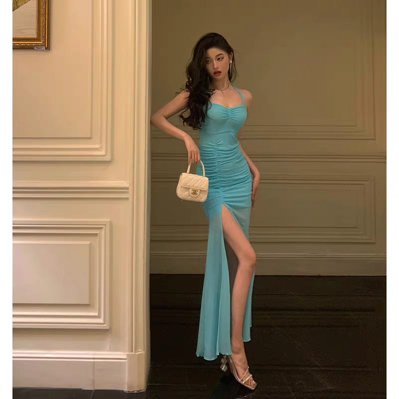 Stunning Sheath Halter Blue Date Night Dress Prom Dresses Birthday Outfit