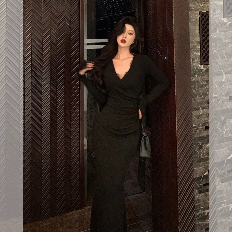 Classy Sheath V Neckline Long Sleeves Black Prom Dresses Birthday Outfits