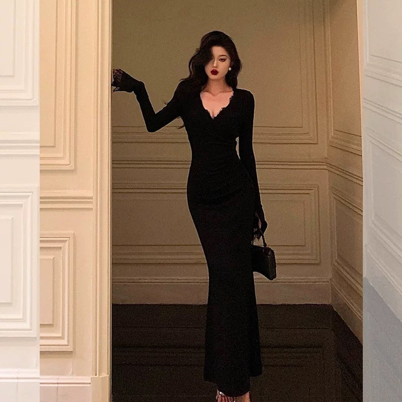 Classy Sheath V Neckline Long Sleeves Black Prom Dresses Birthday Outfits