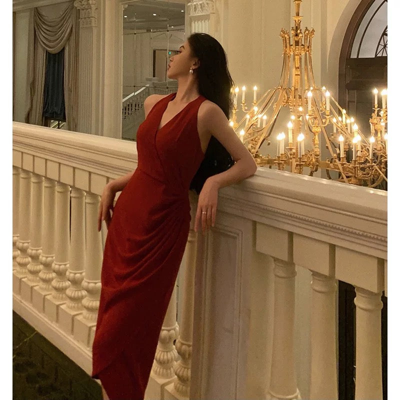 Stunning A line V neckline Sleeveless Red Date Night Dress Prom Dresses Birthday Party Outfit - View 2 | VelvetHem