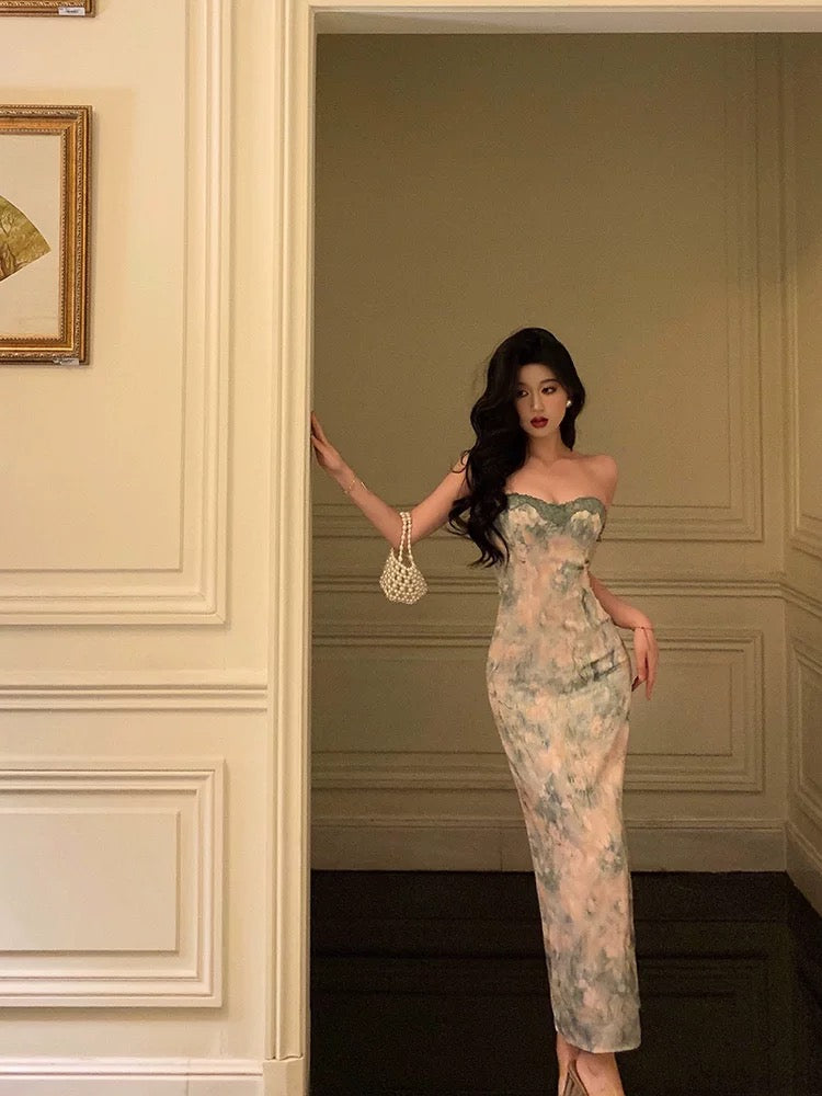 Classy Sheath Spaghetti Straps Green Floral Lace Prom Dresses Birthday Outfits Evening Gown