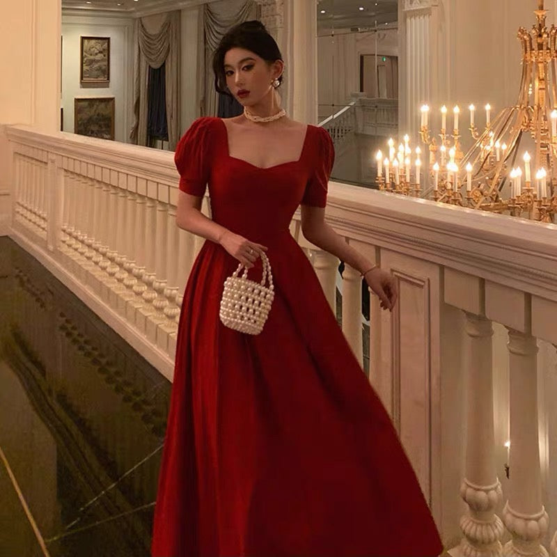 Pretty A Line Square Neckline Red Short Sleeves Date Night Dress Prom Dresses Birthday Party Outfit - View 5 | VelvetHem