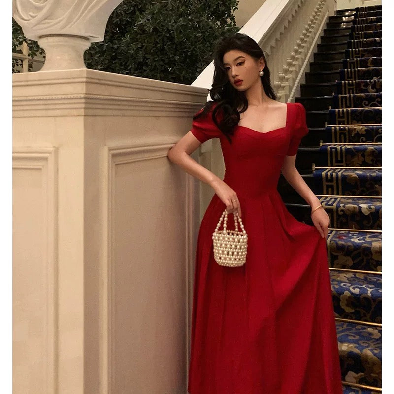 Pretty A Line Square Neckline Red Short Sleeves Date Night Dress Prom Dresses Birthday Party Outfit - View 4 | VelvetHem