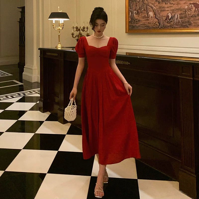 Pretty A Line Square Neckline Red Short Sleeves Date Night Dress Prom Dresses Birthday Party Outfit - View 2 | VelvetHem