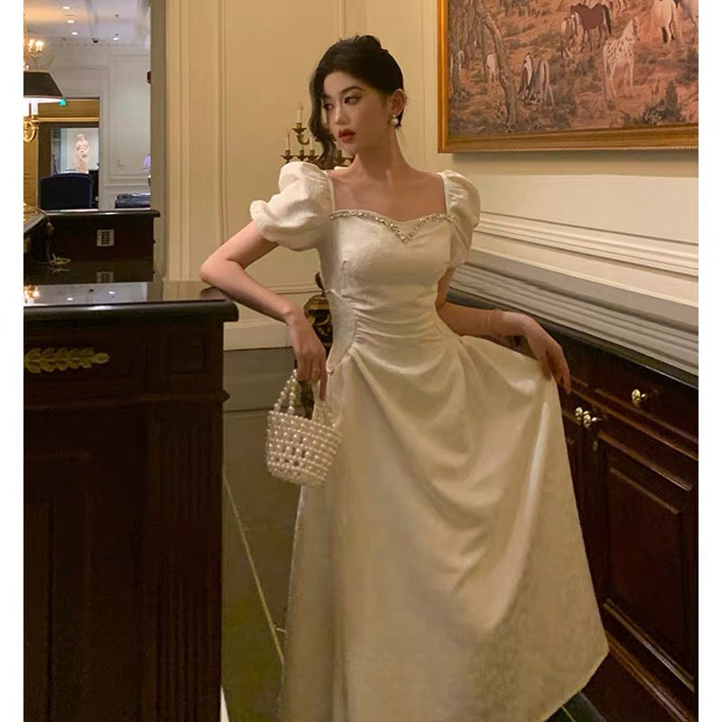 Classy French A line Short Sleeves Ivory Satin Prom Dresses Birthday Outfits Evening Gown - View 2 | VelvetHem