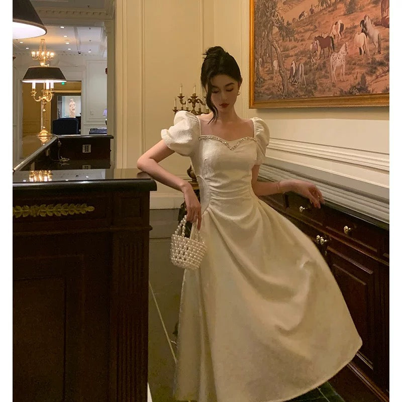 Classy French A line Short Sleeves Ivory Satin Prom Dresses Birthday Outfits Evening Gown - View 5 | VelvetHem