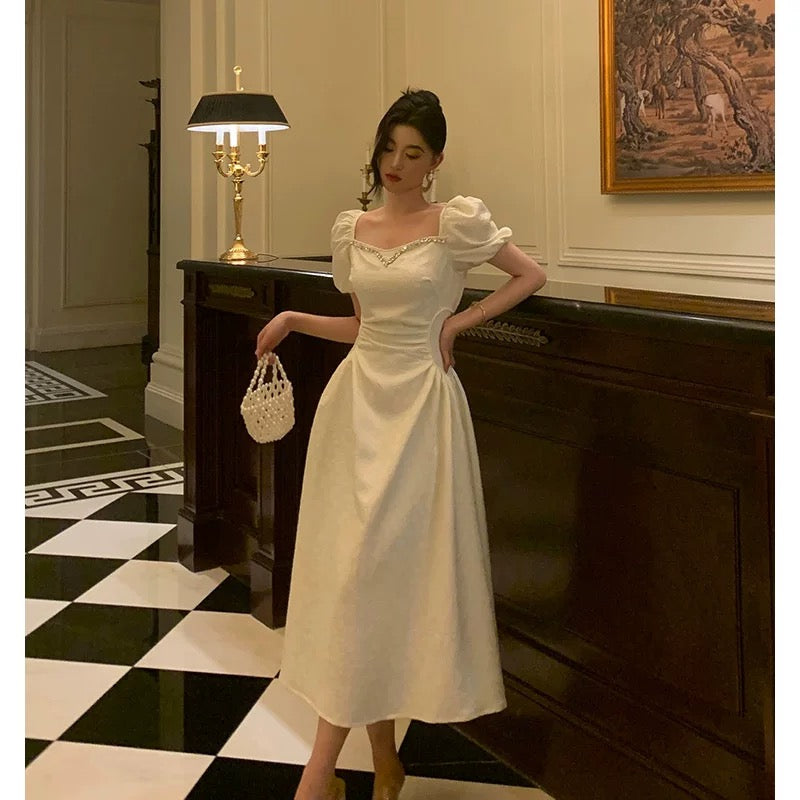 Classy French A line Short Sleeves Ivory Satin Prom Dresses Birthday Outfits Evening Gown - View 4 | VelvetHem