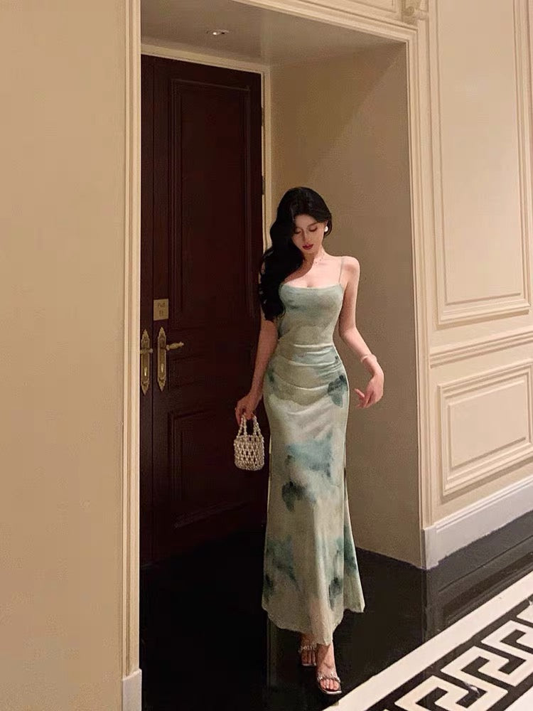 Classy Sheath Spaghetti Straps Mint Green Floral Prom Dresses Birthday Outfits Evening Gown