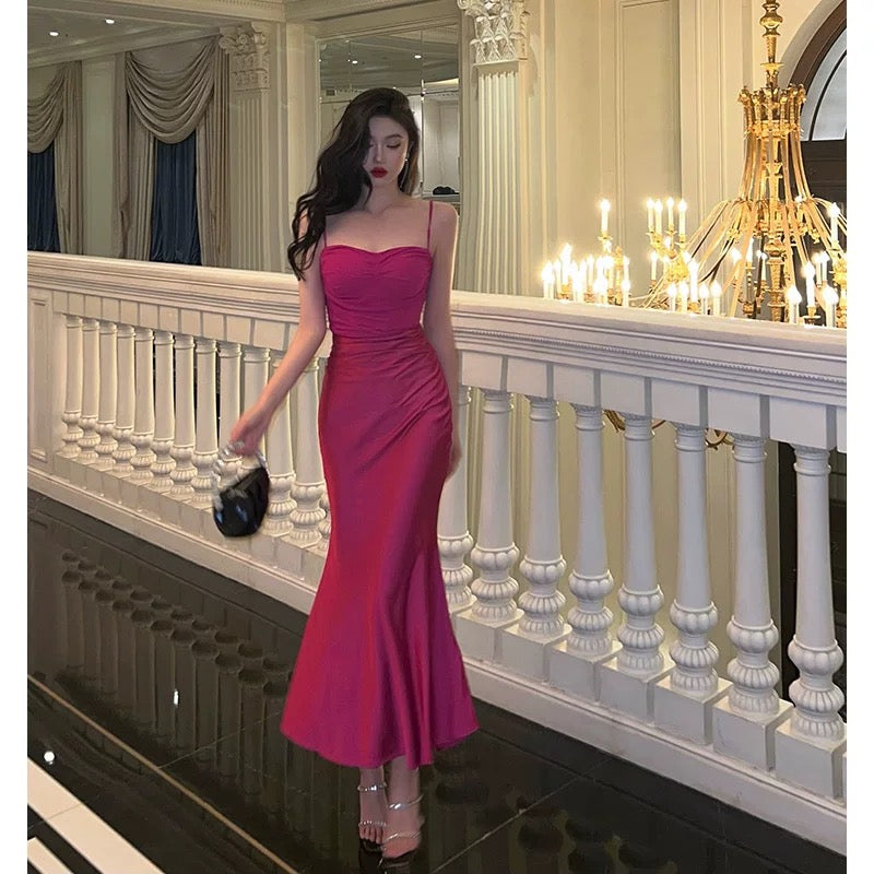 Sexy Sheath Spaghetti Straps Hot Pink Satin Prom Dresses Birthday Outfits Evening Gown - View 4 | VelvetHem