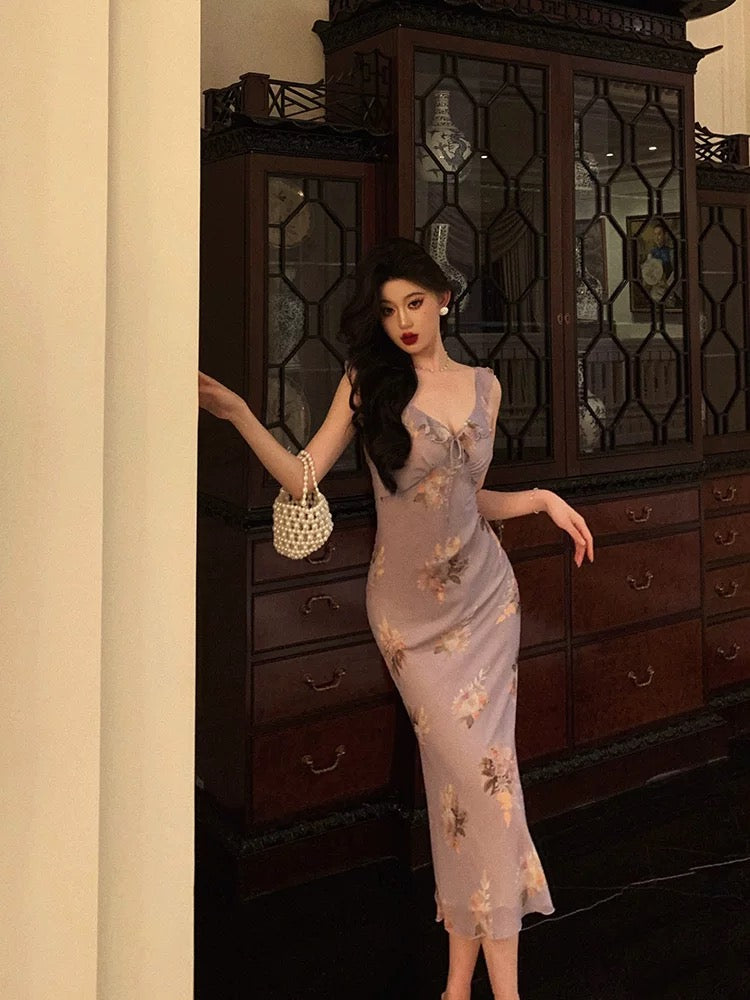 Sexy Sheath V neckline Lilac Floral Satin Prom Dresses Birthday Outfits Evening Gown - View 4 | VelvetHem