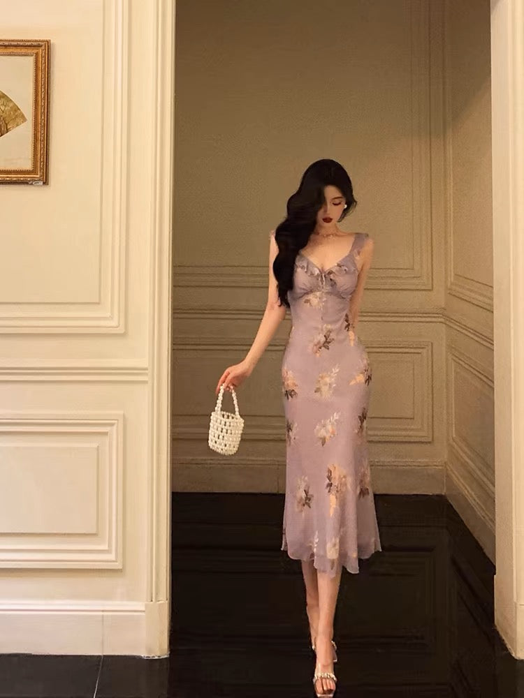 Sexy Sheath V neckline Lilac Floral Satin Prom Dresses Birthday Outfits Evening Gown