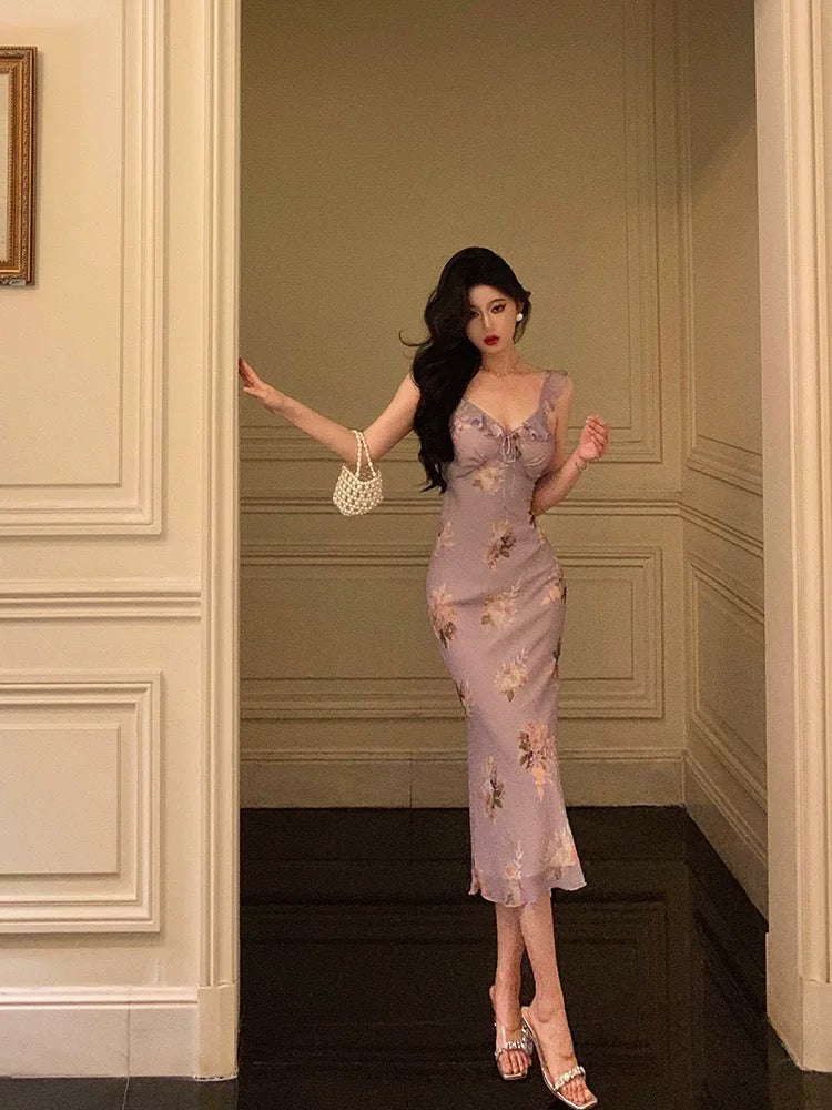 Sexy Sheath V neckline Lilac Floral Satin Prom Dresses Birthday Outfits Evening Gown - View 5 | VelvetHem