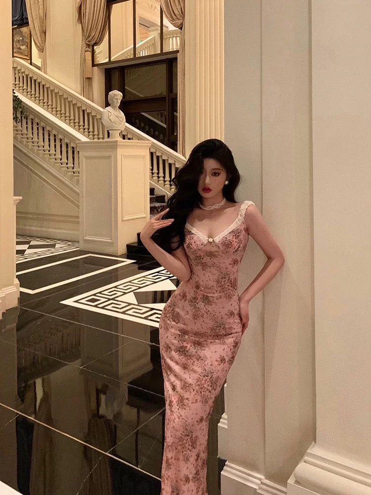 Sexy Sheath Straps Pink Floral Prom Dresses Long Birthday Outfits Evening Gown - View 4 | VelvetHem