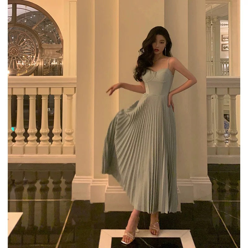 Simple A line Spaghetti Straps Dusty Blue Prom Dresses Birthday Outfits Evening Gown - View 4 | VelvetHem