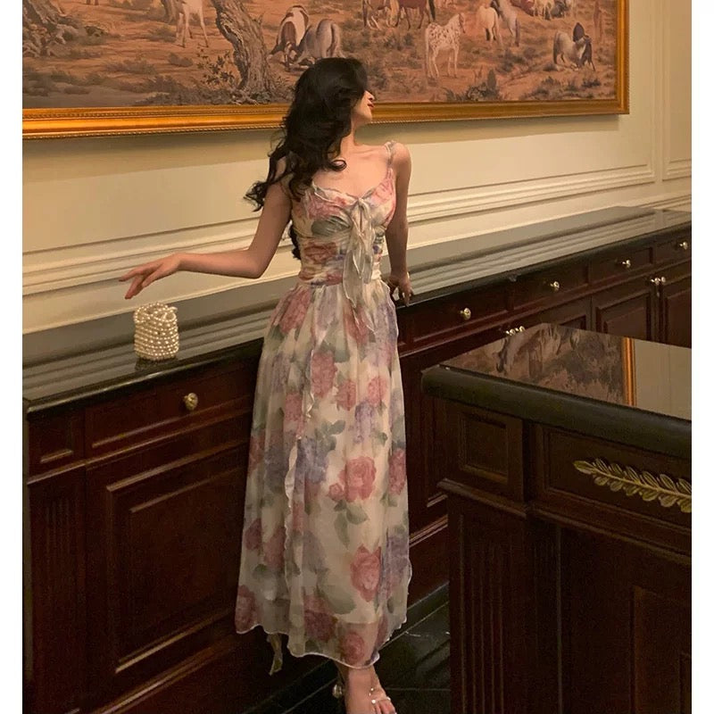Elegant A line Spaghetti Straps Pink Floral Prom Dresses Birthday Outfits Evening Gown - View 2 | VelvetHem