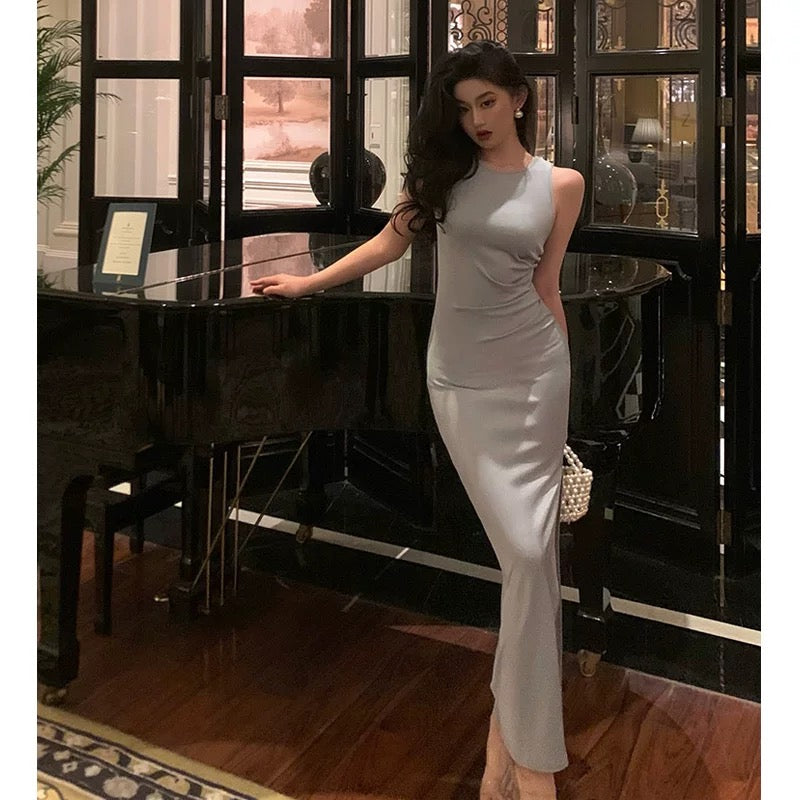 Elegant Sheath Scoop Neckline Dusty Blue Slit Prom Dresses Birthday Outfits Evening Gown - View 2 | VelvetHem