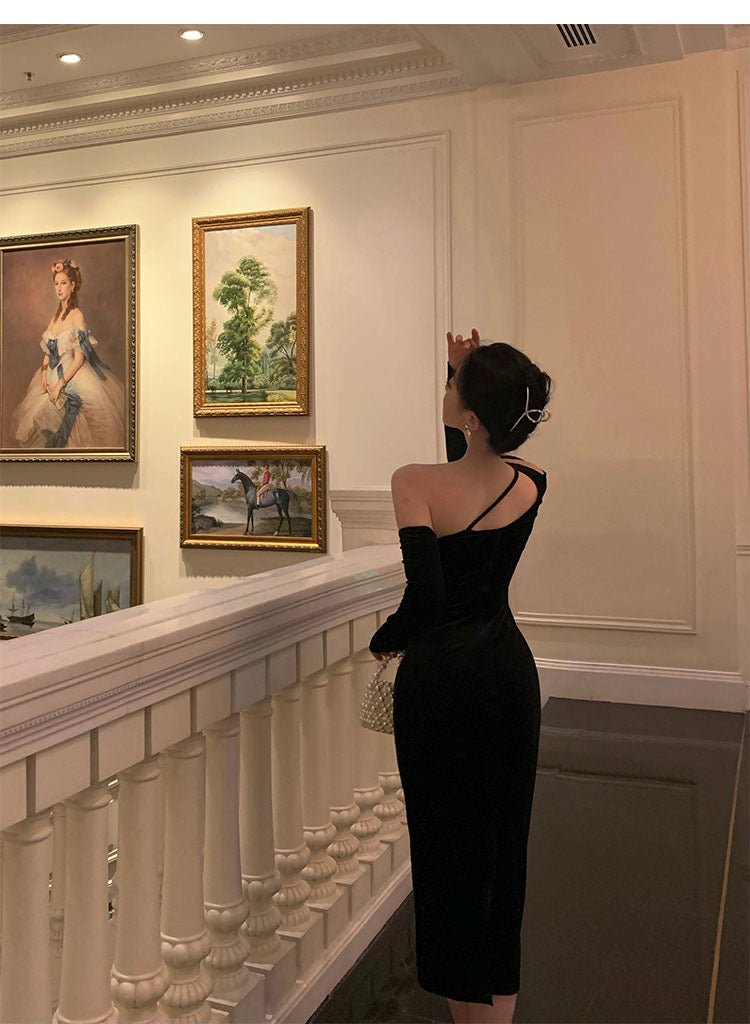 Elegant Sheath One Shoulder Black Prom Dresses Birthday Outfits Evening Gown - View 5 | VelvetHem