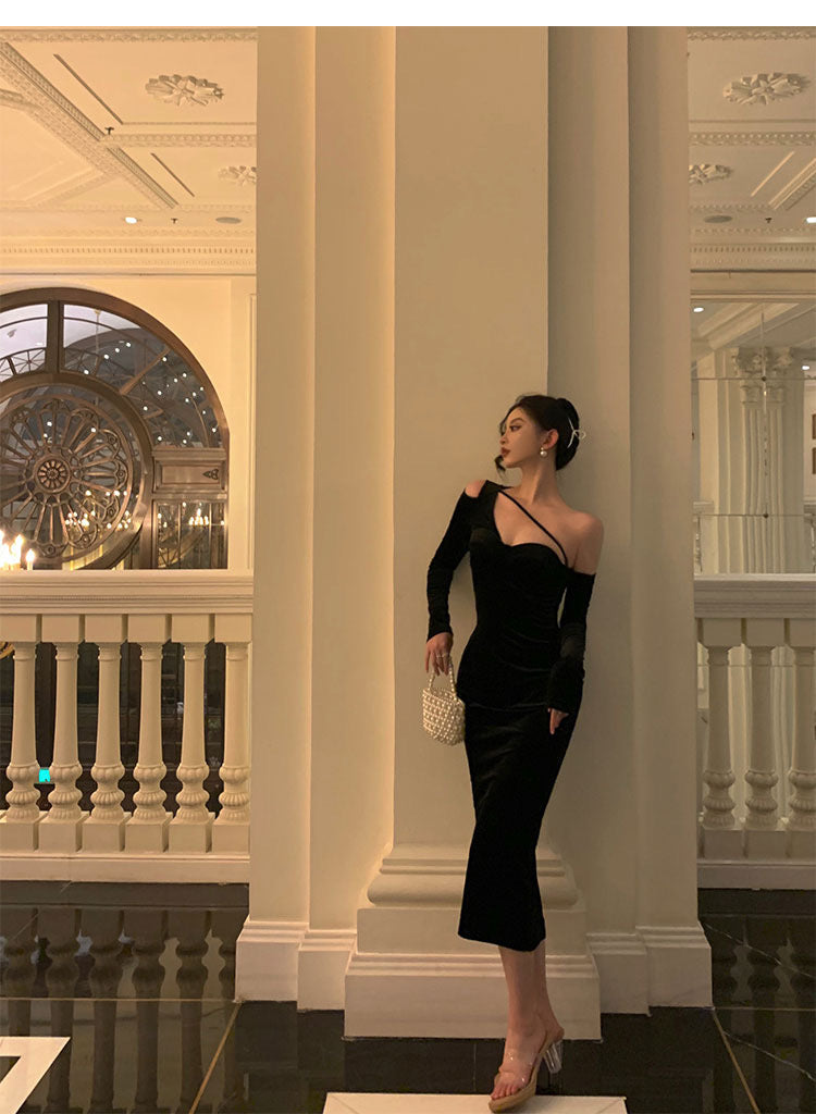 Elegant Sheath One Shoulder Black Prom Dresses Birthday Outfits Evening Gown