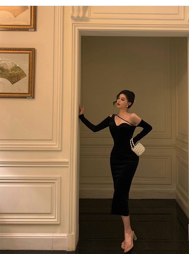 Elegant Sheath One Shoulder Black Prom Dresses Birthday Outfits Evening Gown - View 2 | VelvetHem