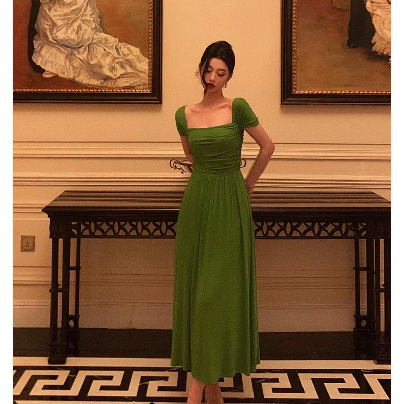 Elegant A Line Square Neckline Green Long Prom Dresses Birthday Outfits Evening Gown - View 3 | VelvetHem
