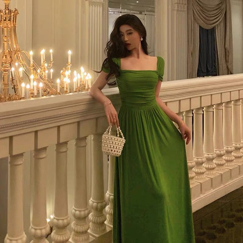 Elegant A Line Square Neckline Green Long Prom Dresses Birthday Outfits Evening Gown - View 5 | VelvetHem