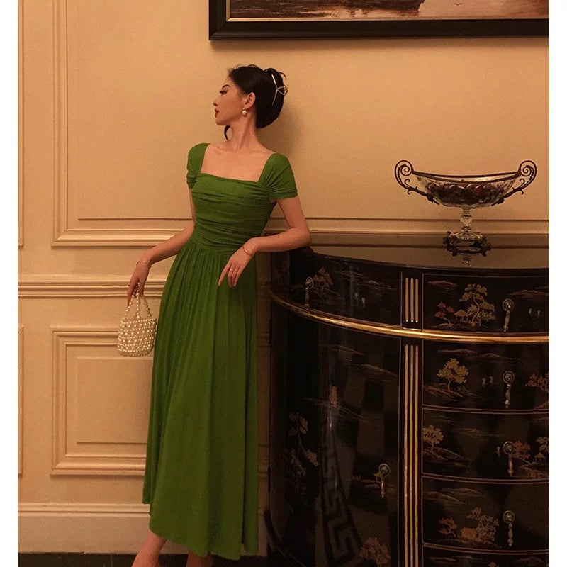Elegant A Line Square Neckline Green Long Prom Dresses Birthday Outfits Evening Gown - View 4 | VelvetHem