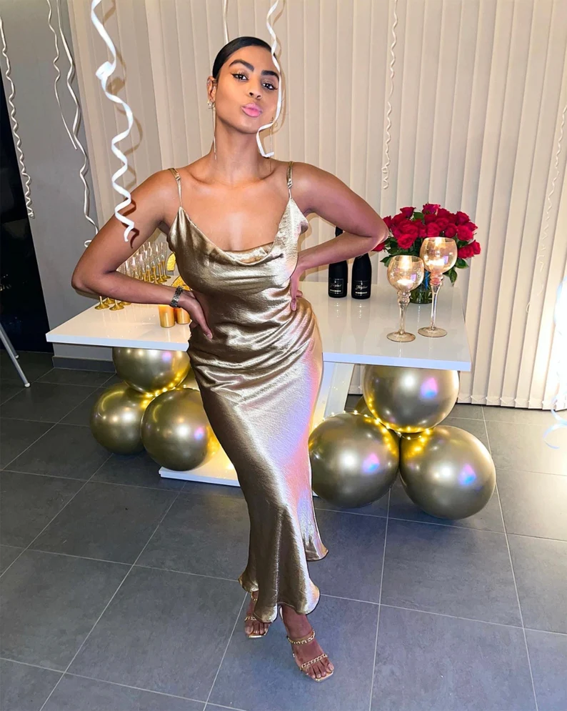 Glossy Open Back Shiny Backless Satin Prom Dress Elegant Cowl Neckline Party Ruched Side Women Midi Dress - VelvetHem