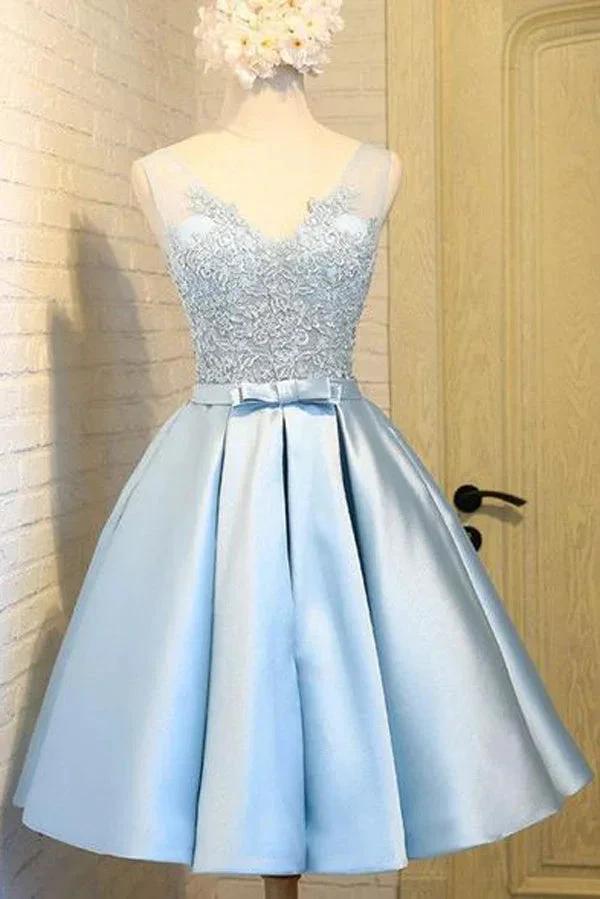 Blue A Line Princess V Neck Backless Appliques Homecoming Dresses by Ombreprom