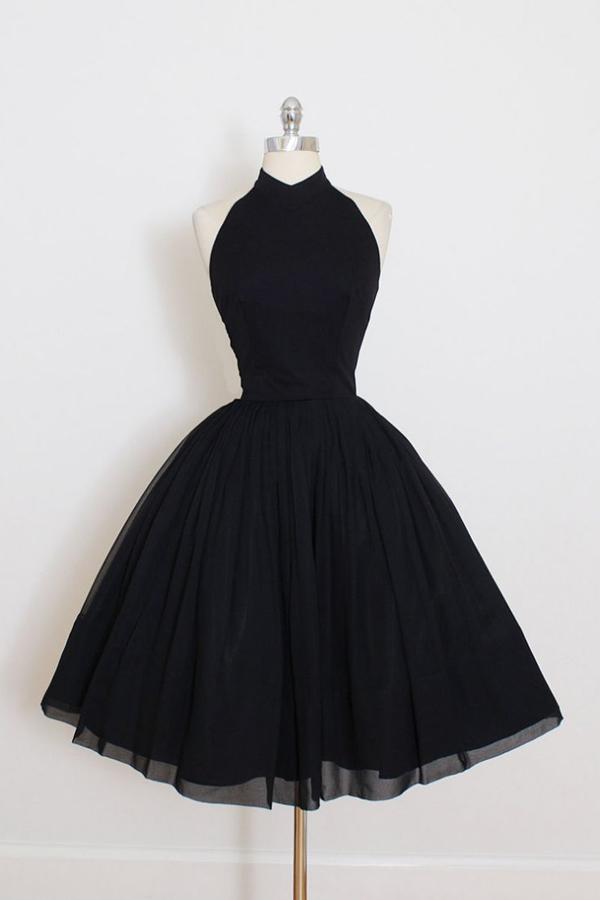 A Line Open Back Black Halter Homecoming Dress, Short Prom Dress - VelvetHem