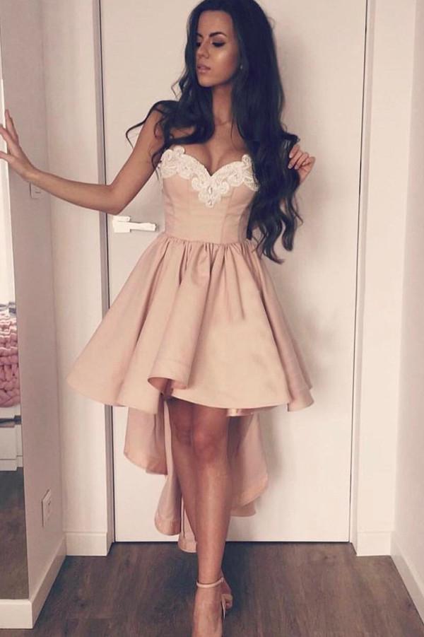 Stretch A-Line Sweetheart High Low Satin Beaded Homecoming Dresses