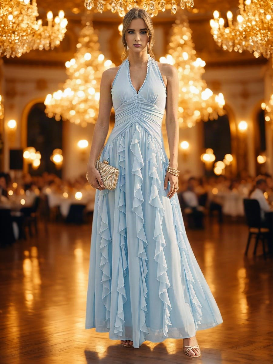 Chiffon A-Line/Princess Halter Floor-Length Formal Dresses with Ruffles (ZD17546) - VelvetHem