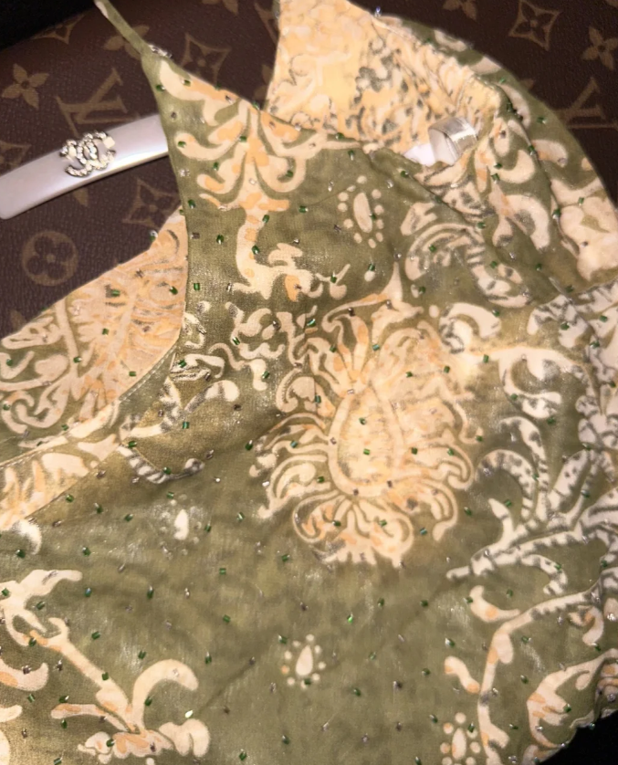 Vintage Spaghetti Straps Green Chiffon Print Floral Beaded Mermaid Evening Dress Long Party Dress - View 3 | VelvetHem