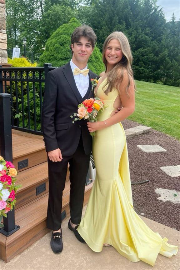 Sexy V-Neck Yellow Open Back Mermaid Long Prom Evening Dress Y7974 - VelvetHem