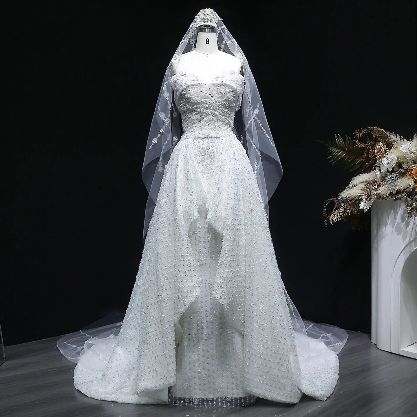 Luxury White Off-the-Shoulder Train Wedding Dress with Veil ZP153