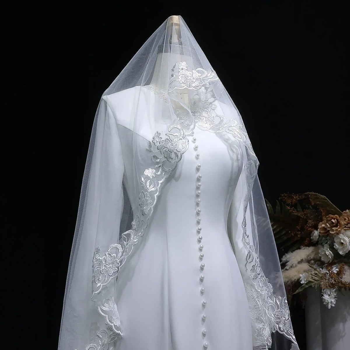 Elegant White Pearl High Neck Long Sleeve Wedding Dress with Veil ZP102