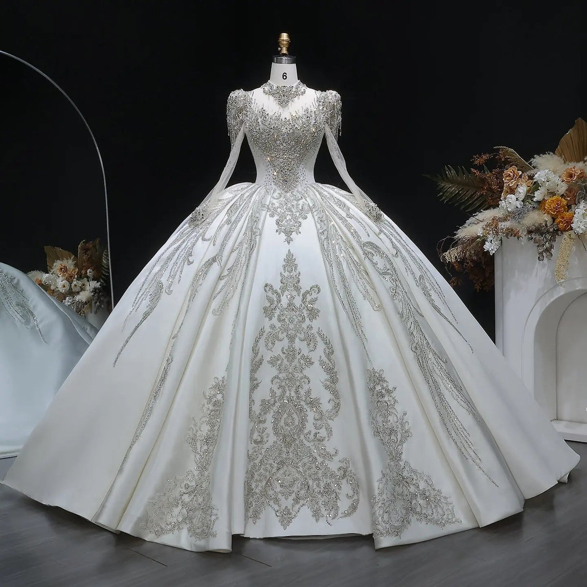 Luxury Long Sleeve Ivory Wedding Dress with Crystal Embroidered Details ZP162 - VelvetHem