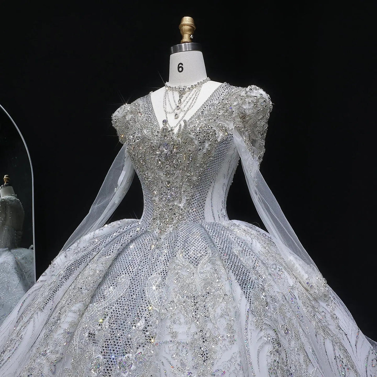 Glamorous White Diamond Embroidered Long Sleeve Wedding Dress ZP163