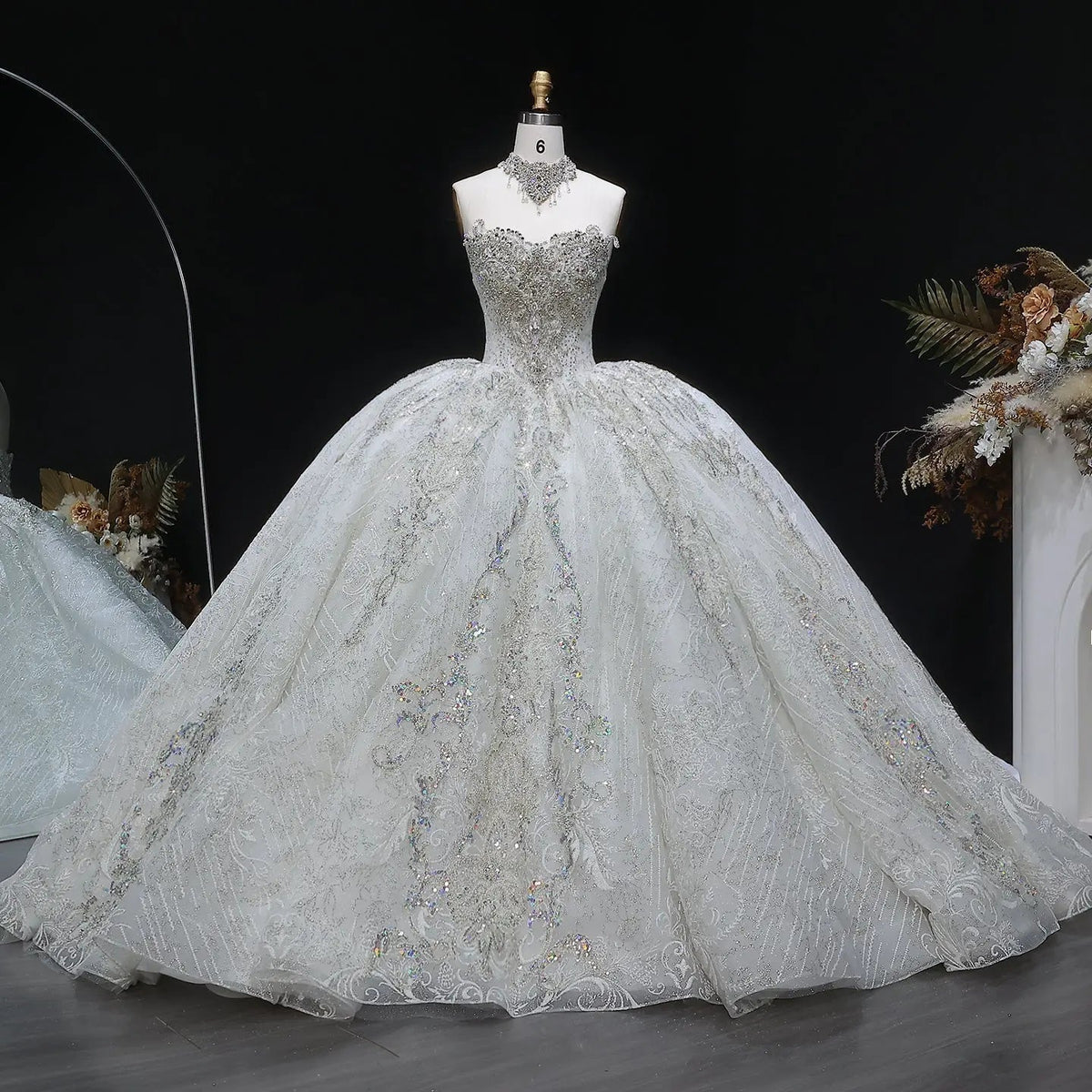Luxury Sparkly White Ball Gown with Full-Sequin Embroidery Wedding Dress ZP164 - VelvetHem