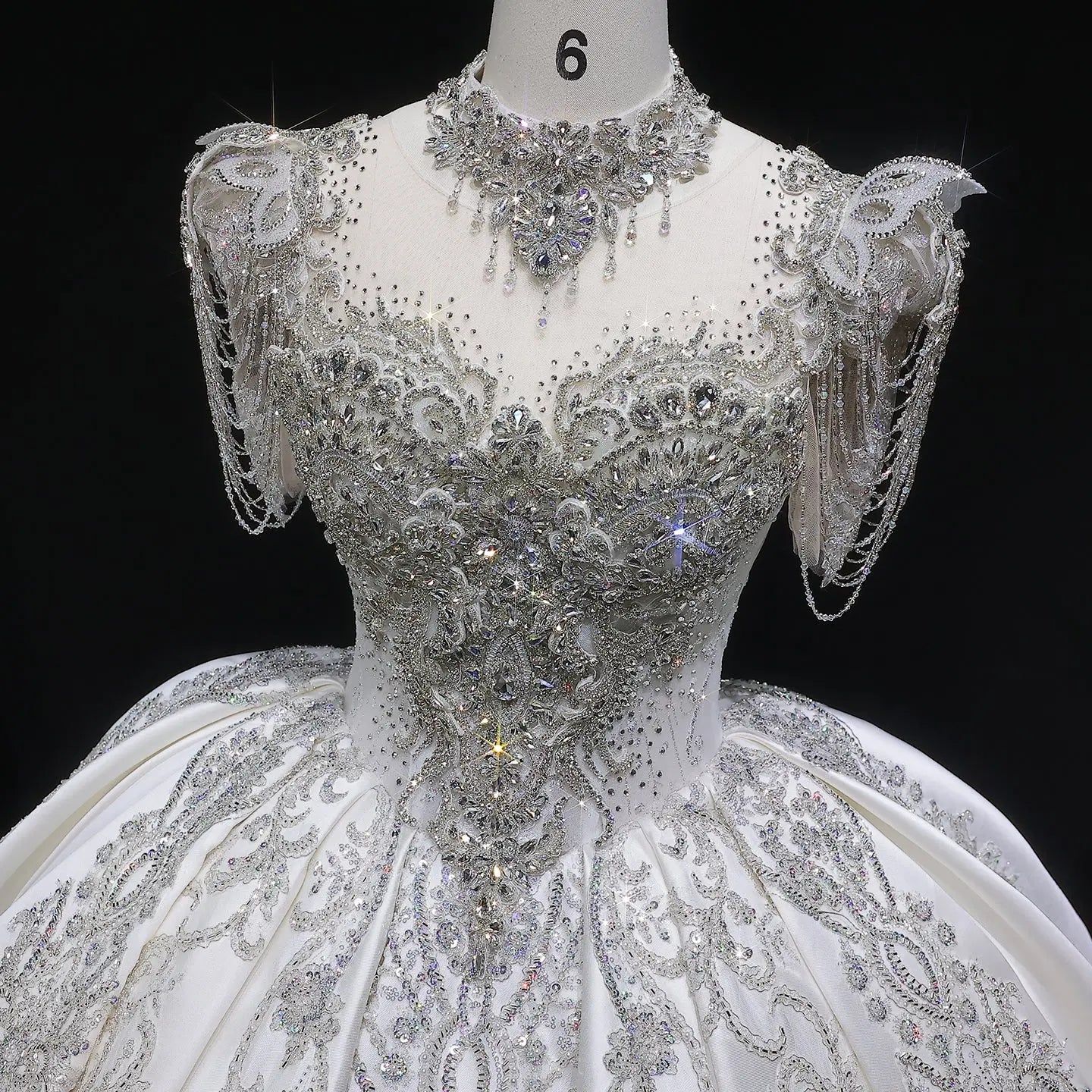 Luxury Satin Ivory Ball Gown with Silver Floral Embroidery Wedding Dress ZP165