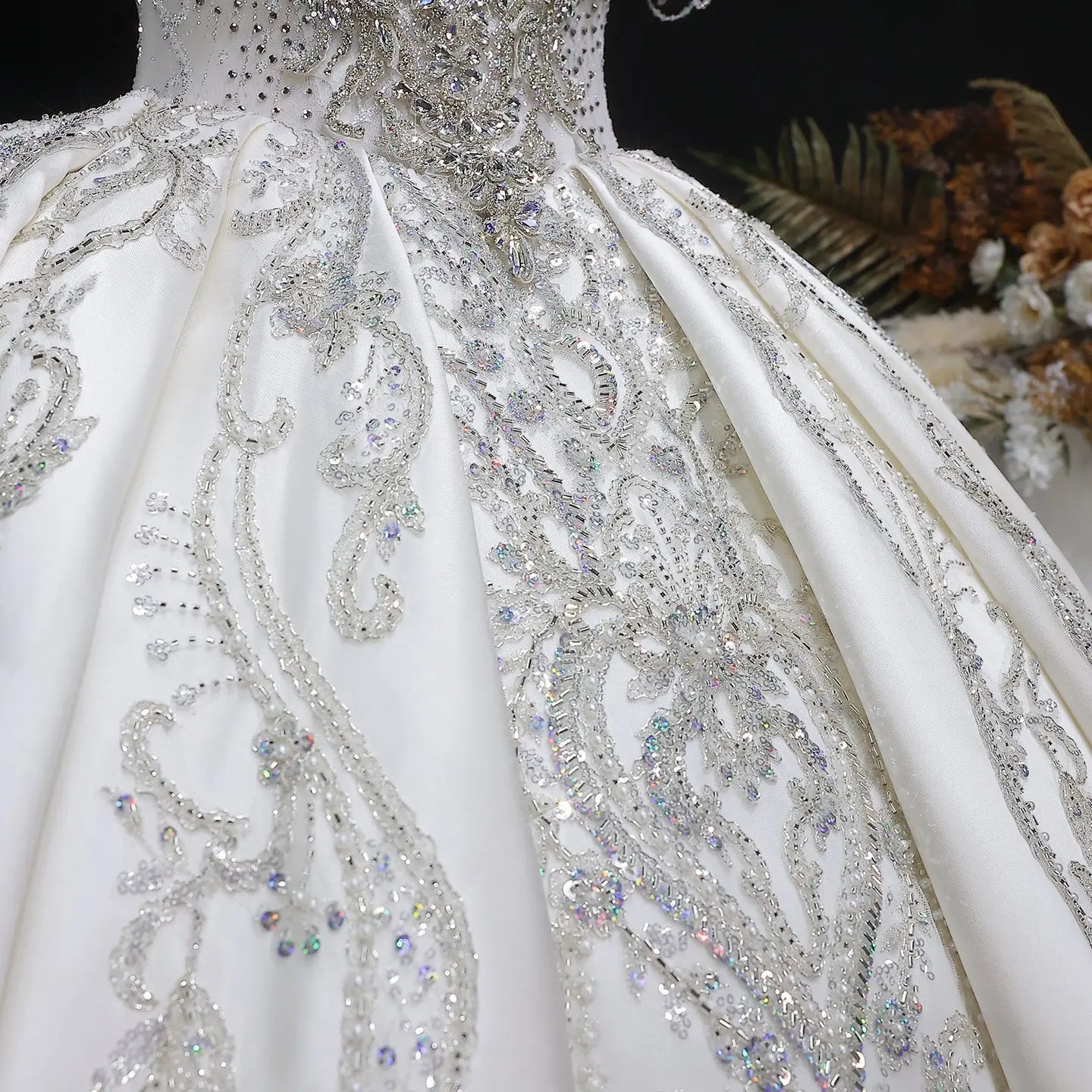 Luxury Satin Ivory Ball Gown with Silver Floral Embroidery Wedding Dress ZP165