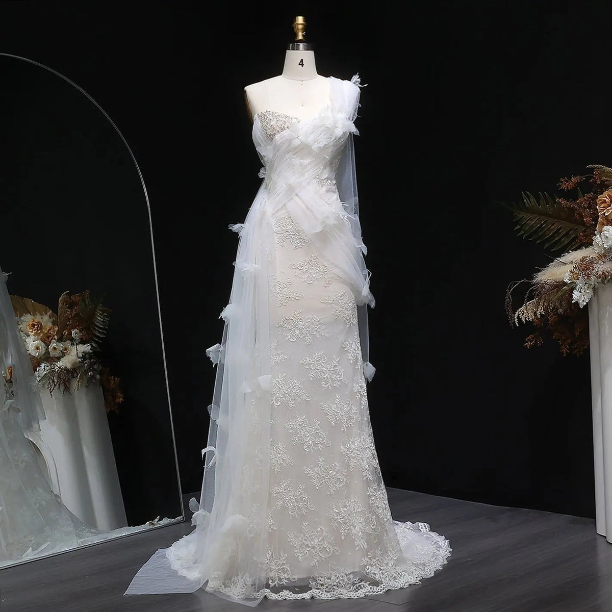 Luxury White One-Shoulder Lace Ruched Bow Mermaid Wedding Dress ZP157 - VelvetHem