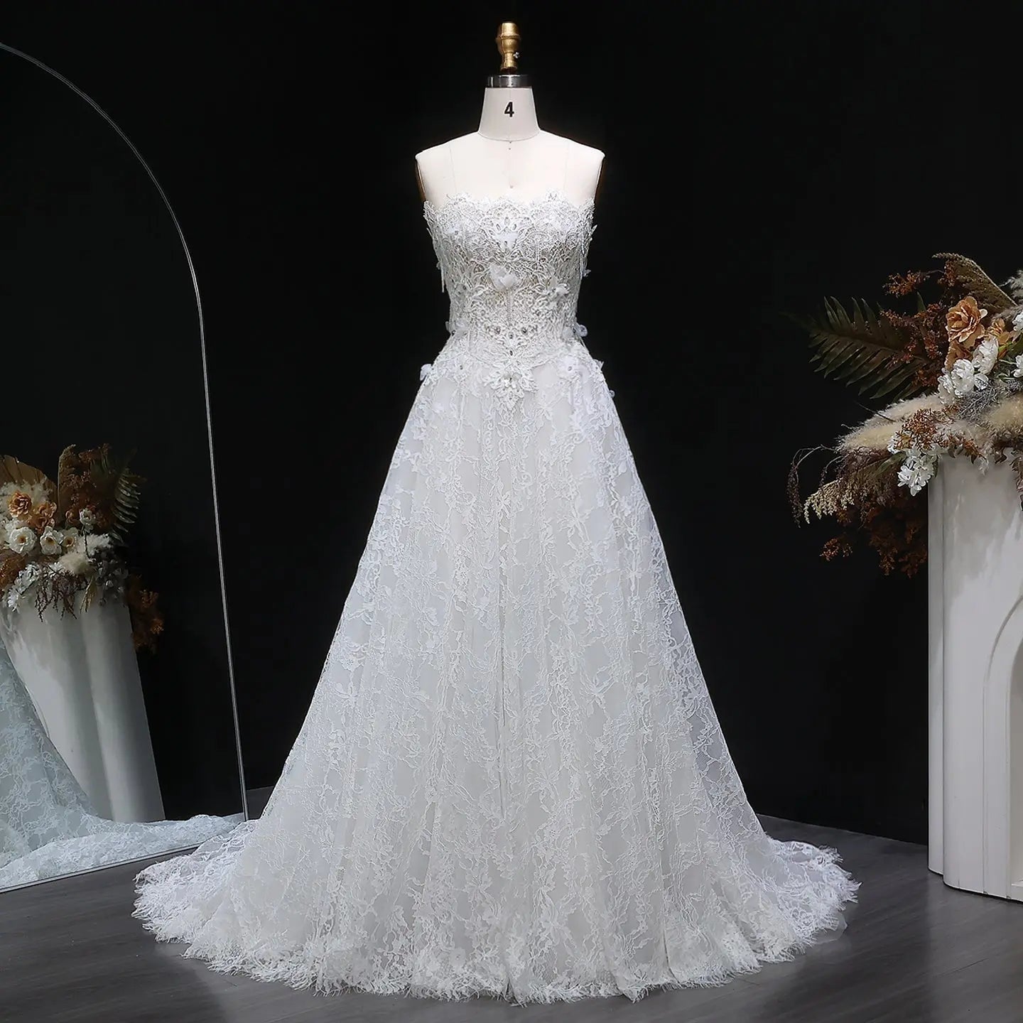 Luxury White Embroidered 3D Floral Strapless Ball Gown Wedding Dress ZP159
