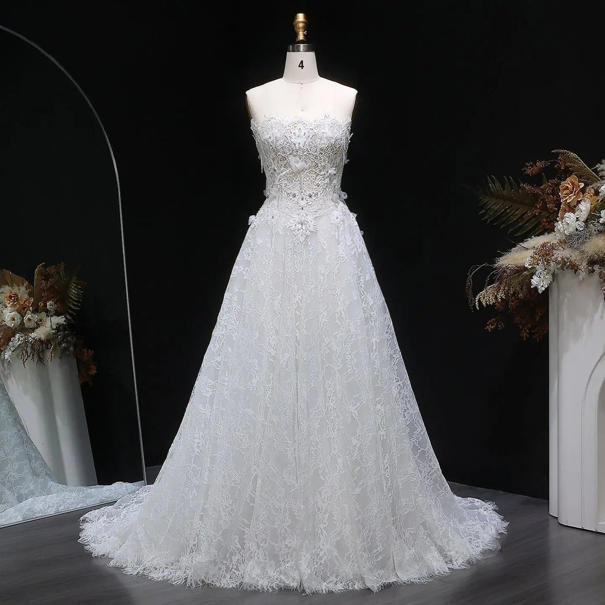 Luxury White Embroidered 3D Floral Strapless Ball Gown Wedding Dress ZP159 - VelvetHem