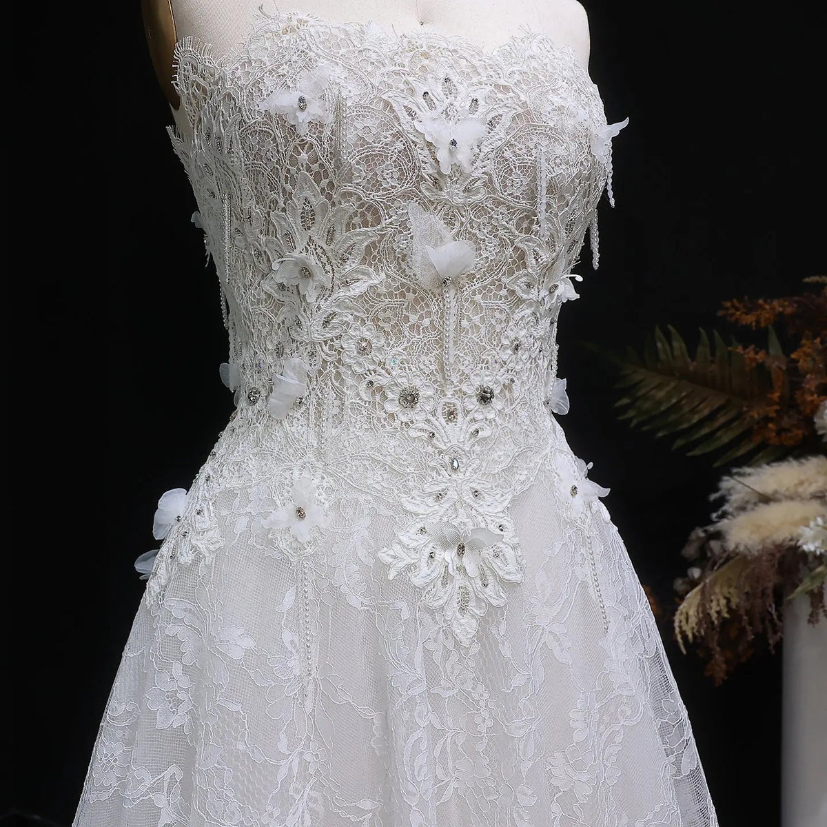 Luxury White Embroidered 3D Floral Strapless Ball Gown Wedding Dress ZP159
