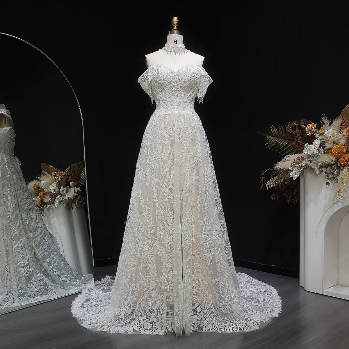 Off White Elegant Lace Pearl Embroidery Ball Gown Wedding Dress ZP168 - VelvetHem